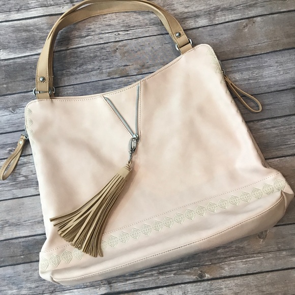. Handbags - Light Pink & Tan Womens Tasseled Shopper Purse Bag